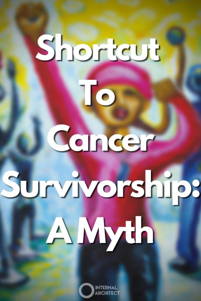 A blurred expressive oil painting of cancer survivorship with the text Shortcut to Cancer Survivorship: A Myth