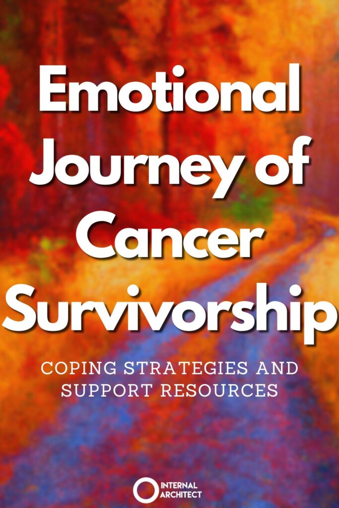 An impressionistic digital oil painting of "Emotional Journey" with the text Emotional Journey of Cancer Survivorship: Coping Strategies and Support Resources