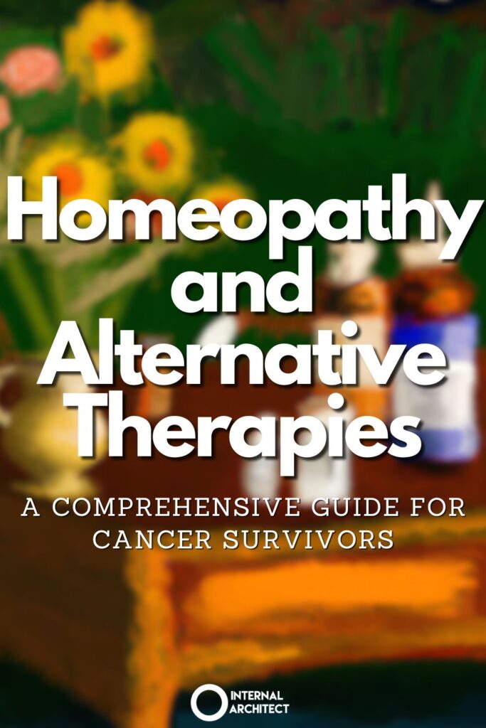 A van gogh digital painting of "Homeopathy" with the text Homeopathy and Alternative Therapies: A Comprehensive Guide for Cancer Survivors