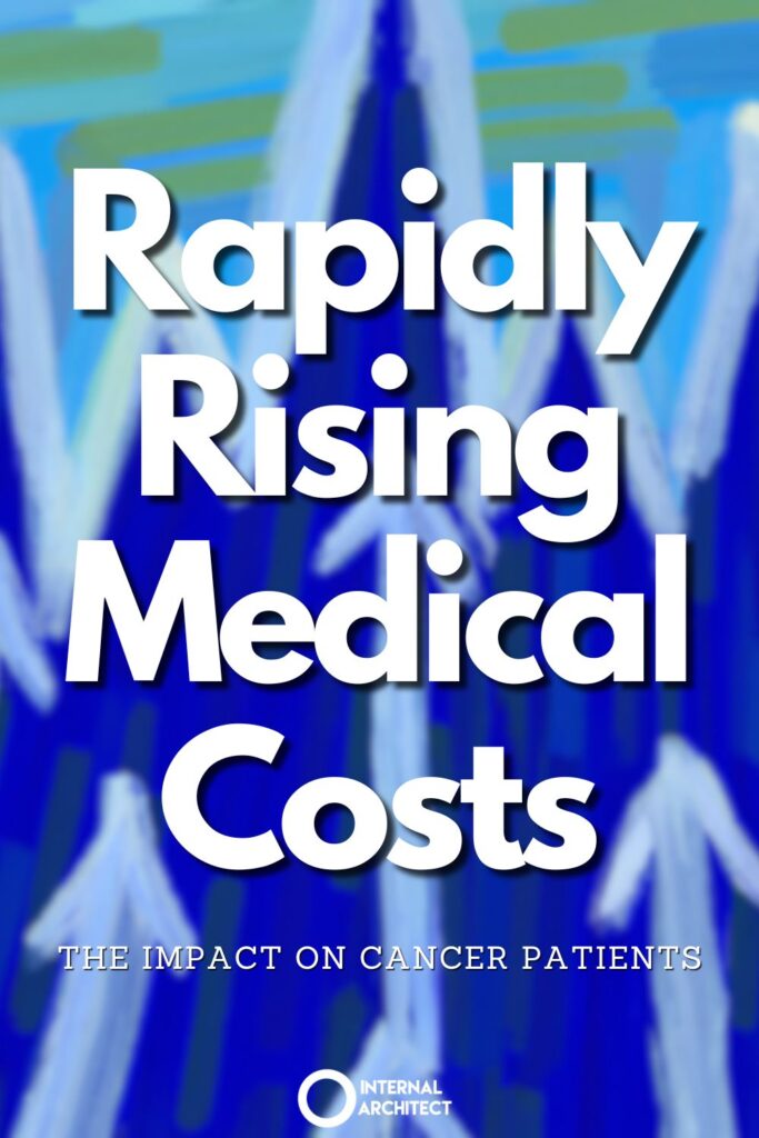 A van gogh digital painting of Light Blue Arrows Rising with the text Rapidly Rising Medical Costs: The Impact on Cancer Patients