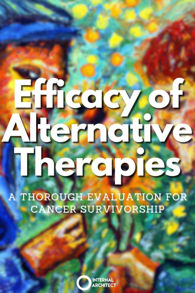 A painting named "Efficacy" in the style of Van Gogh with the text Efficacy of Alternative Therapies: A Thorough Evaluation for Cancer Survivorship