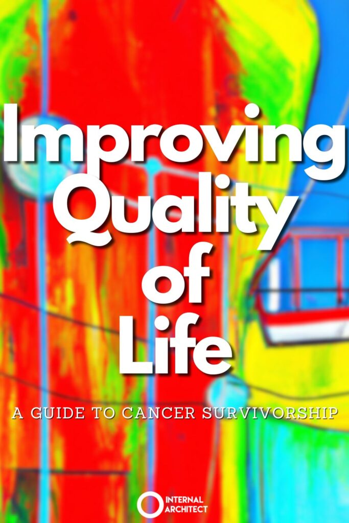A painting named "Improving" in the style of Modern art with the text Improving Quality of Life: A Guide to Cancer Survivorship