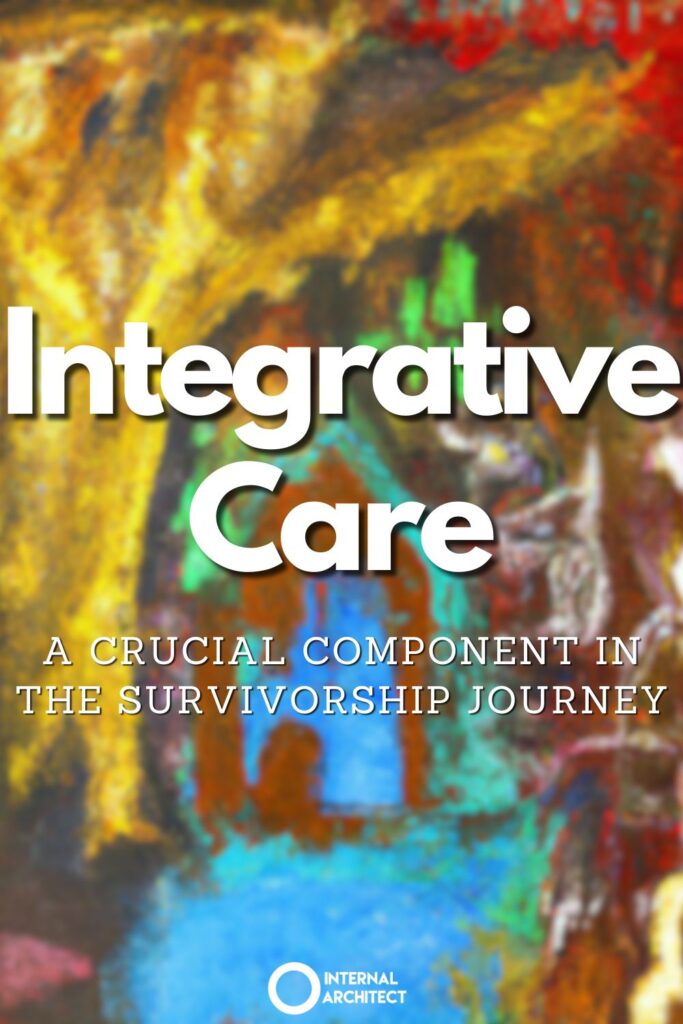 A painting named "Integrative" in the style of expressionism with the text Integrative Care: A Crucial Component in the Survivorship Journey