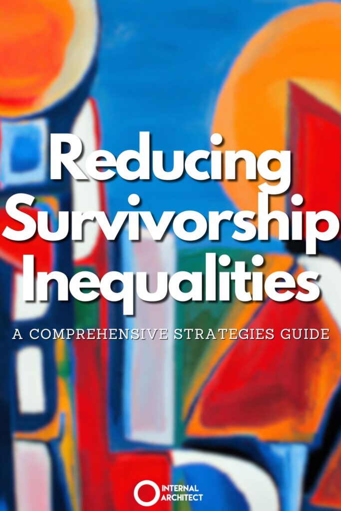 A painting named "Inequalities" in the style of Modern art with the text Reducing Survivorship Inequalities: A Comprehensive Strategies Guide