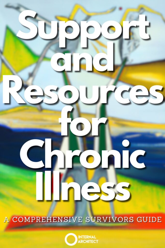 A painting named "Support and Resources" in the style of Modern art with the text Support and Resources for Chronic Illness: A Comprehensive Survivors Guide