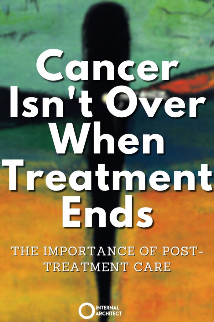 A painting named "Isn't Over" in the style of conceptual art with the text Cancer Isn't Over When Treatment Ends: The Importance of Post-Treatment Care