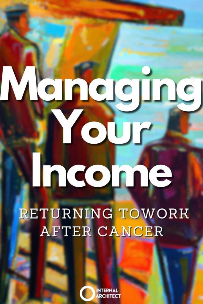A painting named "Returning to Work" in the style of conceptual art with the text Managing Your Income: Returning to Work After Cancer