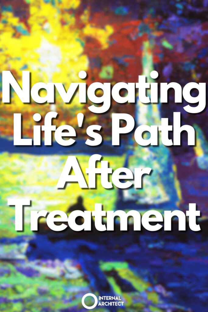 A painting named "Navigating" in the style of conceptual art with the text Navigating Life's Path After Treatment