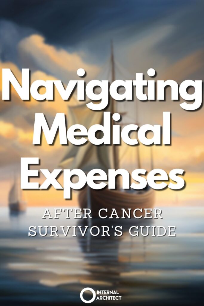 A painting named "Navigation" in the style of conceptual art with the text Navigating Medical Expenses: After Cancer Survivor's Guide