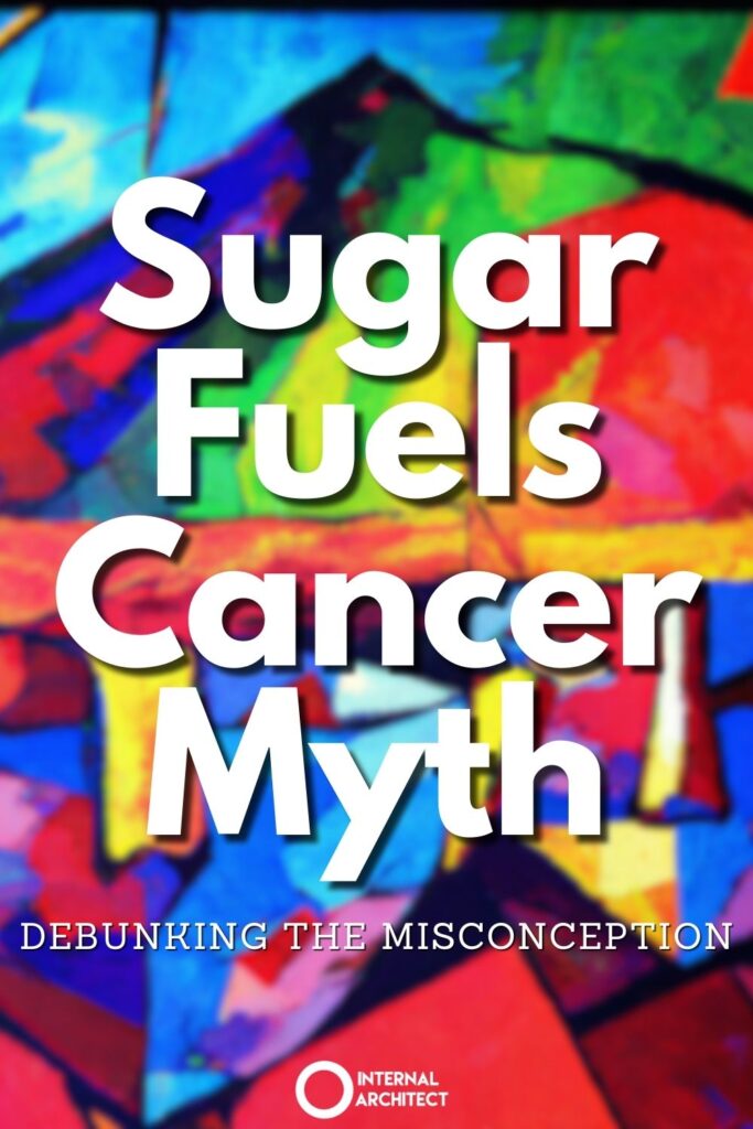 A painting named "debunking myths" in the style of conceptual art with the text Sugar Fuels Cancer Myth: Debunking the Misconception