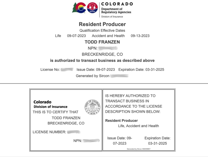Photo of My State of Colorado Resident Producer License for Life and Health Insurance.