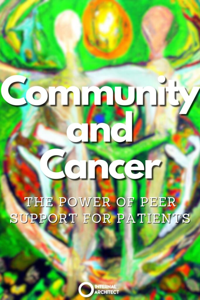 A painting named "Community" in the style of Abstract Expressionism with the text Community and Cancer: The Power of Peer Support for Patients