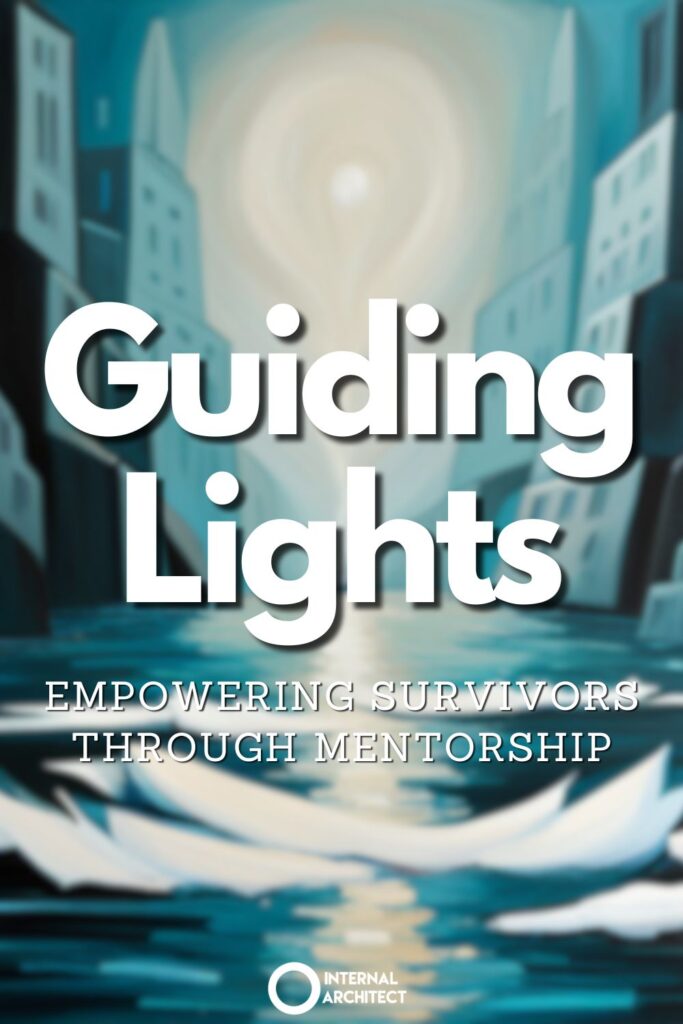 A painting named "Guiding Lights" in the style of Abstract Expressionism with the text Guiding Lights: Empowering Survivors Through Mentorship
