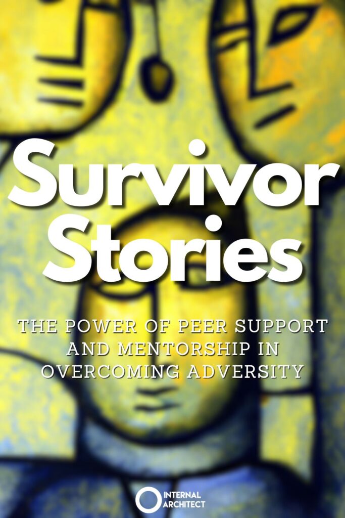 A painting named "Survivor Stories" in the style of Abstract Expressionism with the text Survivor Stories: The Power of Peer Support and Mentorship in Overcoming Adversity