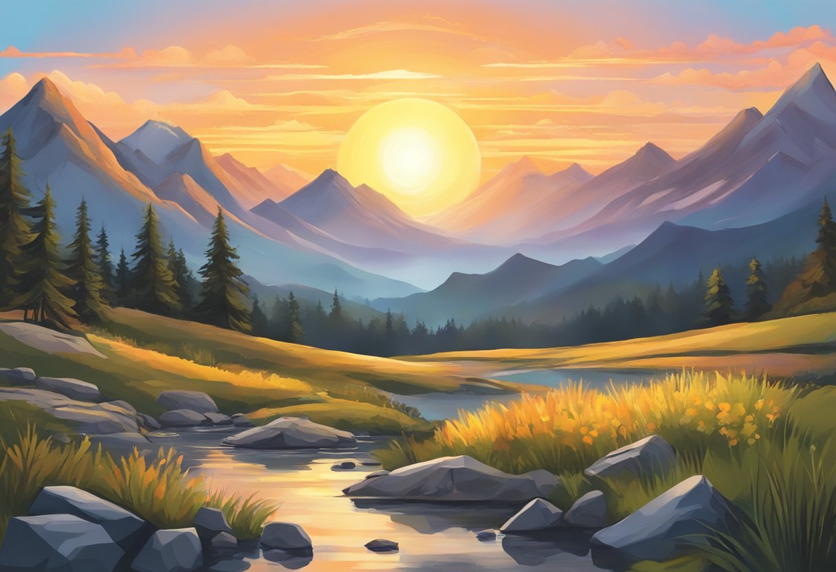 A digital illustration of a beautiful mountain sunset from the perspective of the valley floor with a river/pond.