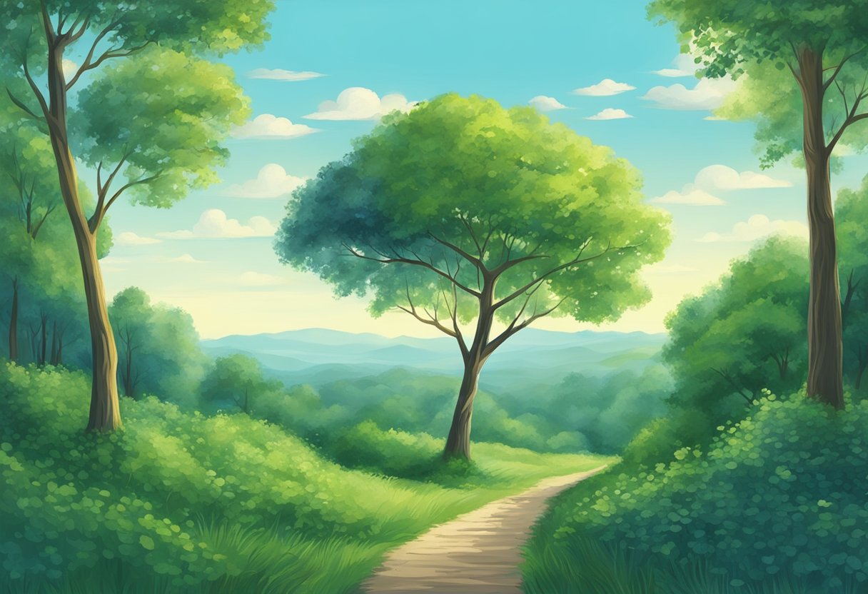 A digital illustration of a tree amongst rolling Hills along a path