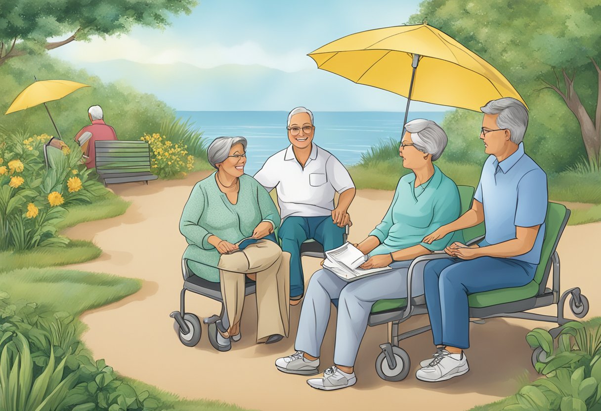 A digital illustration of a group of baby boomers in wheelchairs under an umbrella with glowing sun on a beach with trees and green grass