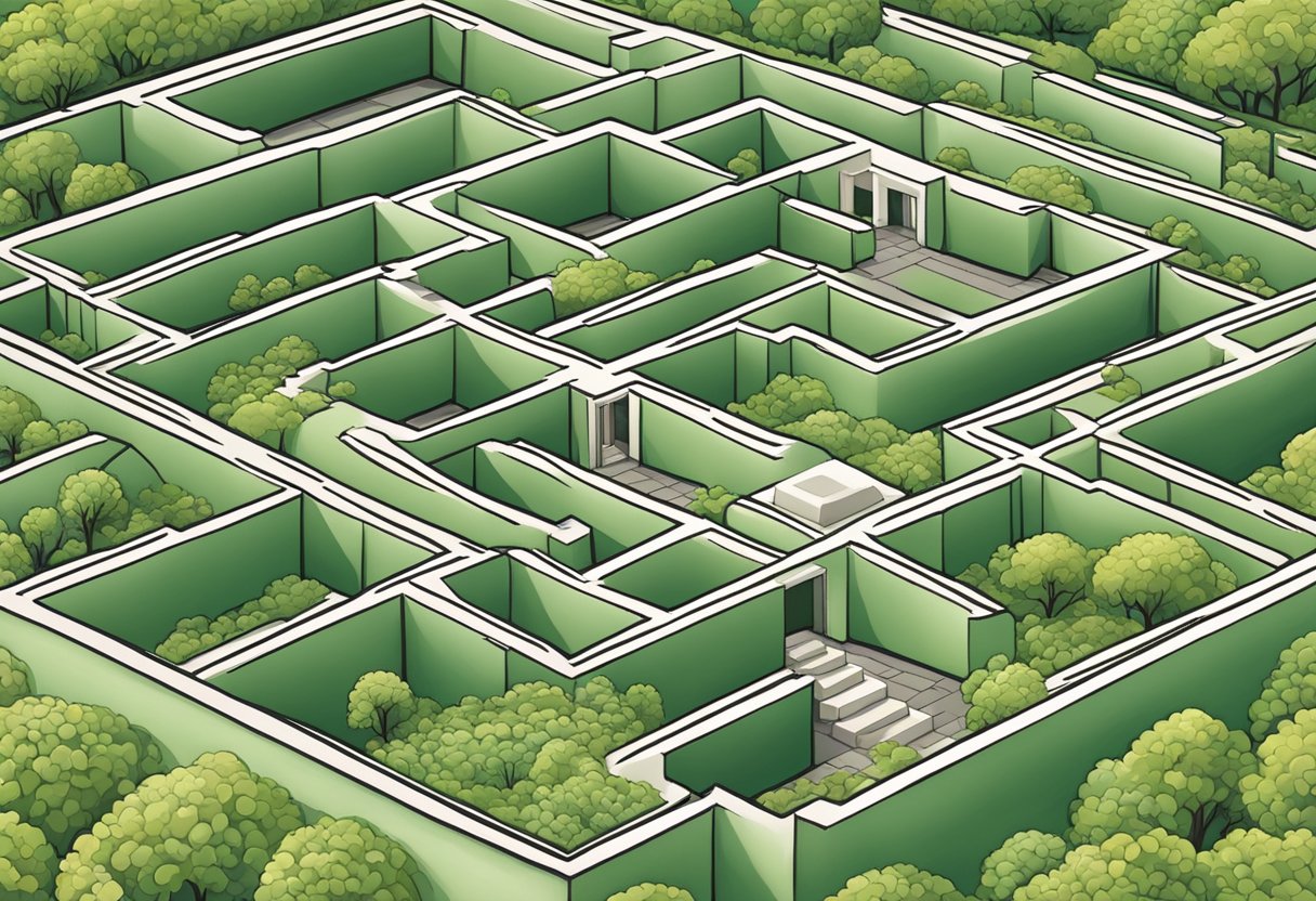 A digital illustration of a hard walled maze built in a forest