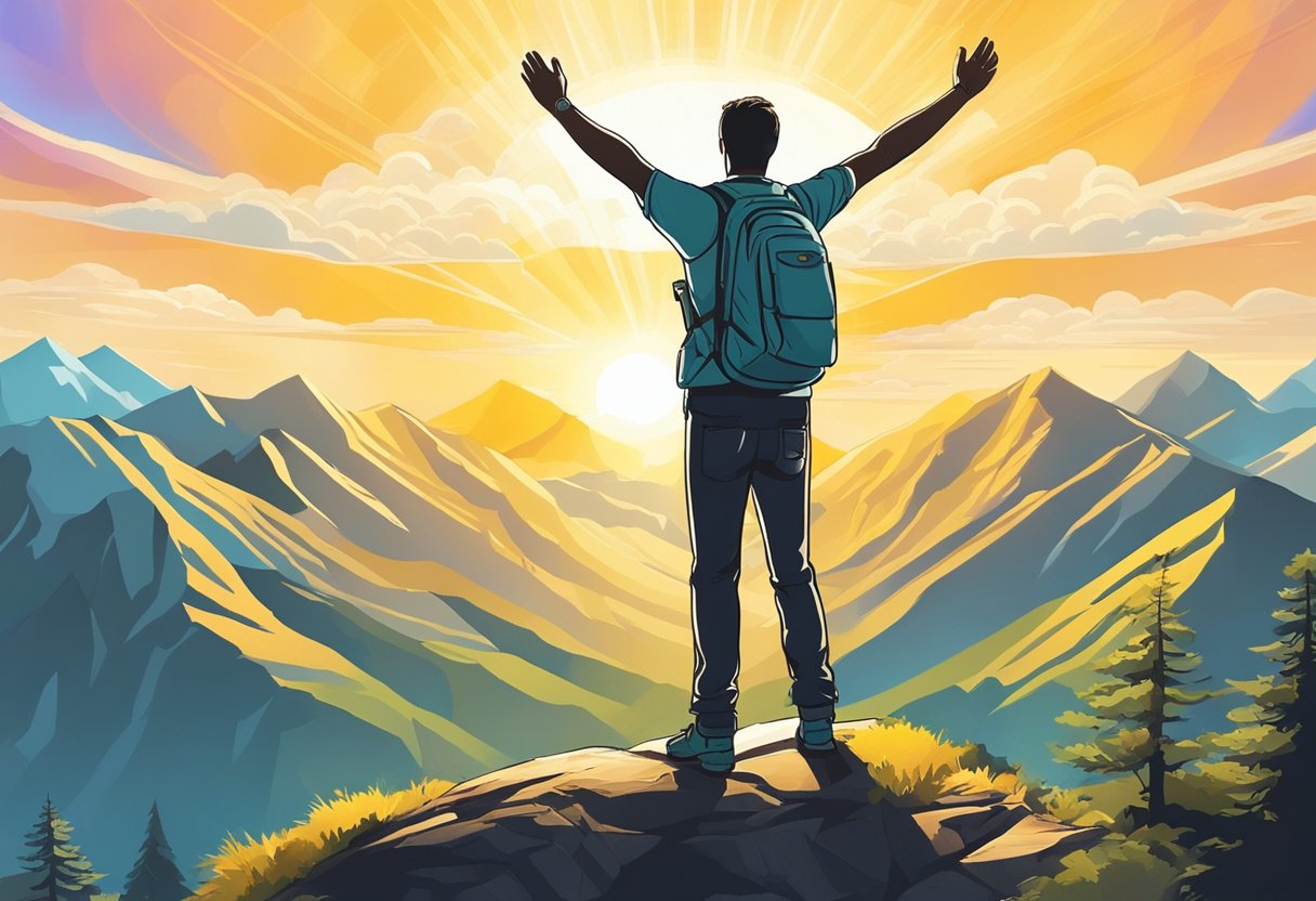 A digital illustration of a backpacker on top of a mountain with arms raised high in triumph. 