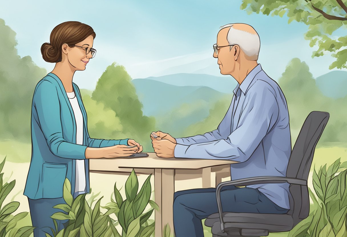 A digital illustration of a man and woman outside, and a table in discussion