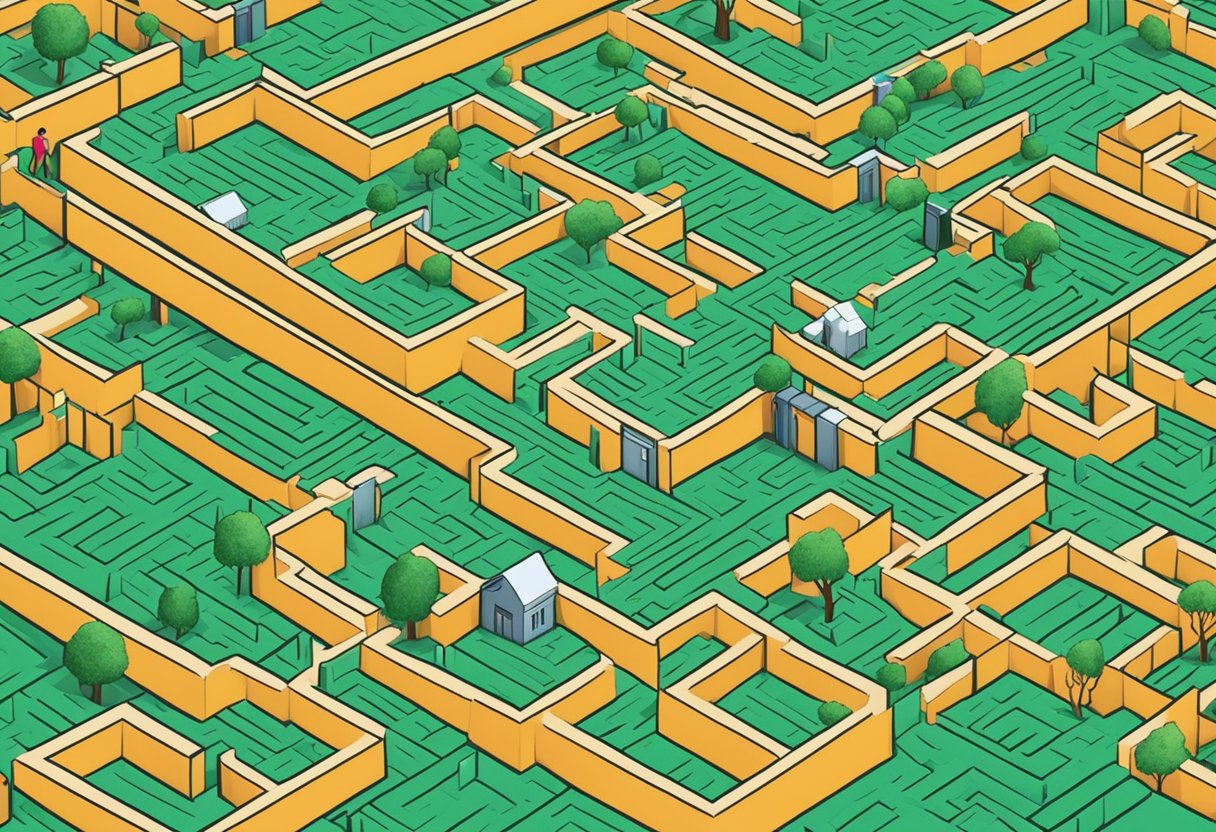 A digital illustration of a large maze in a field