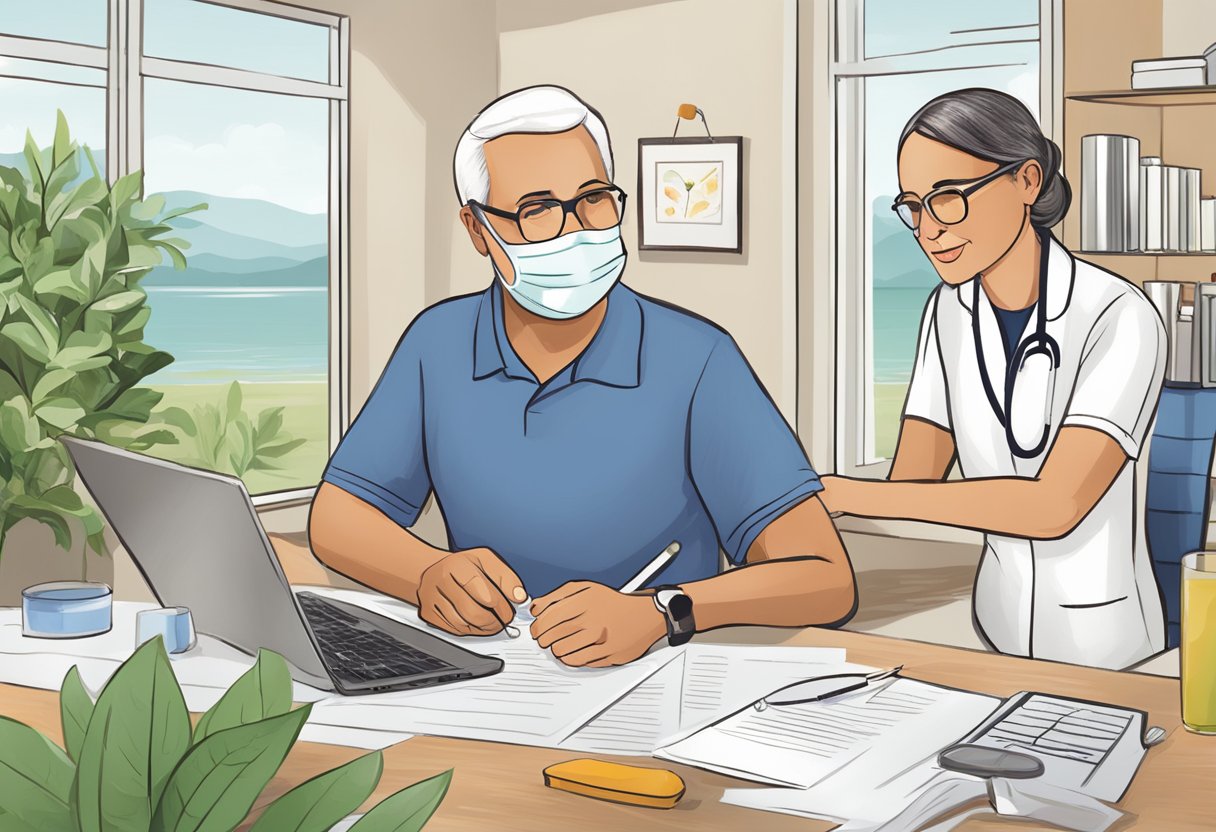 A digital illustration of a doctor and his nurse reviewing documents