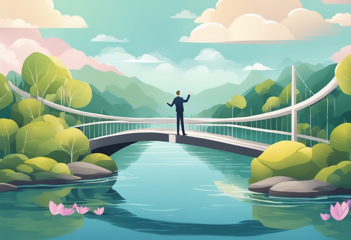 A digital illustration of a gentleman standing in the middle of a pink bridge. Fantasy.