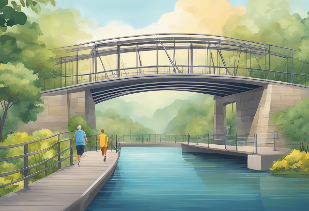 A digital illustration of a modern bridge over a river with people running on sidewalks