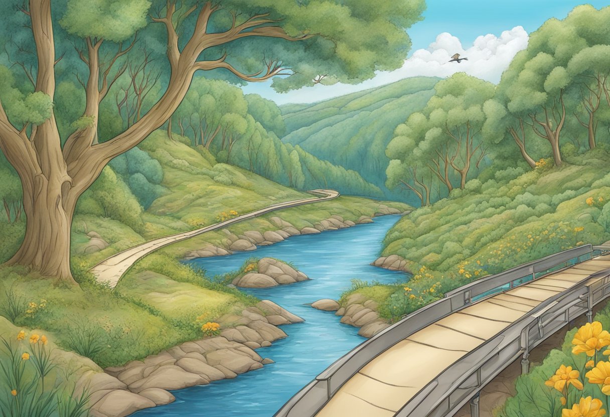 A digital illustration of rolling hills with a bridge and path along side a river.