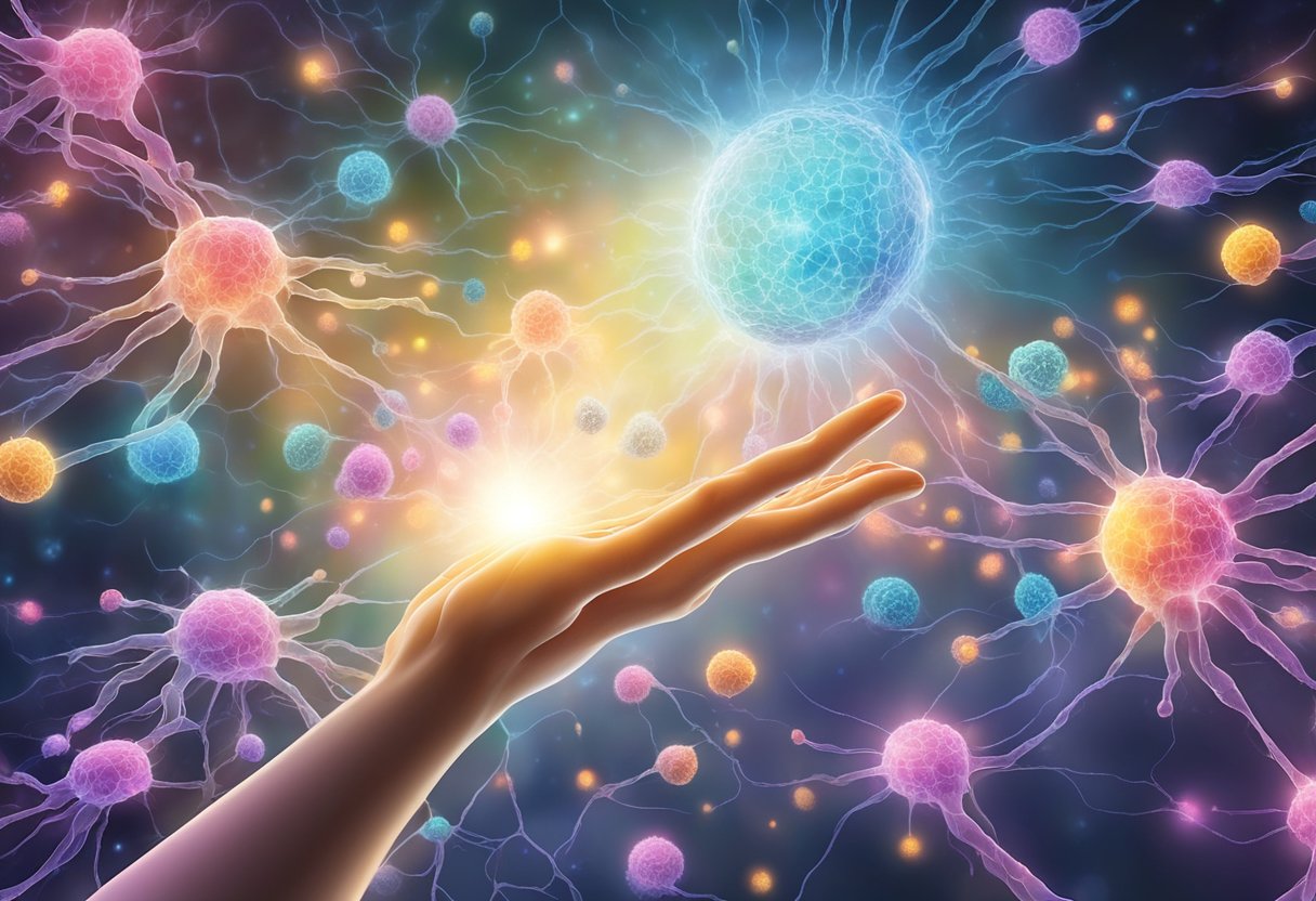 A digital illustration of a mystical universe of cells with a hand