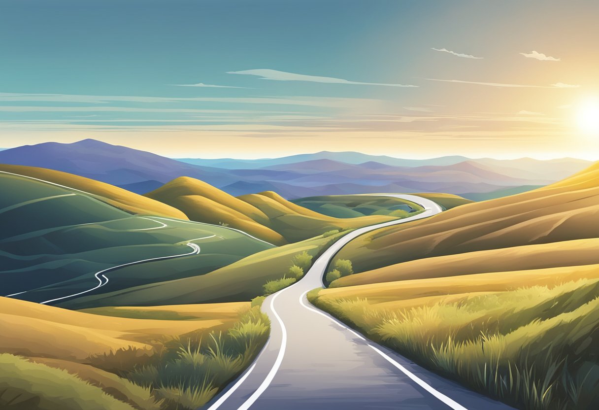 A digital illustration of rolling green hill with a winding road at sunset