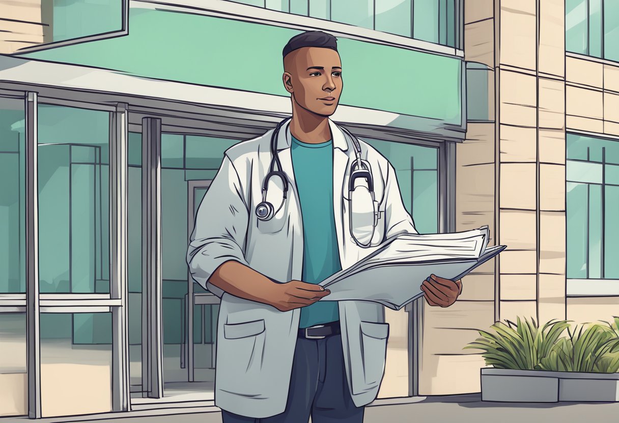 A digital illustration of a doctor in a white coat with stethoscope, standing in front of a hospital entrance.