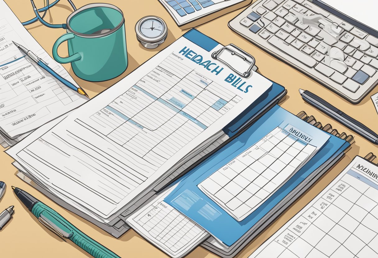 A digital illustration of a desk with a clipboard, full of medical bills, computer, calendar, and more.