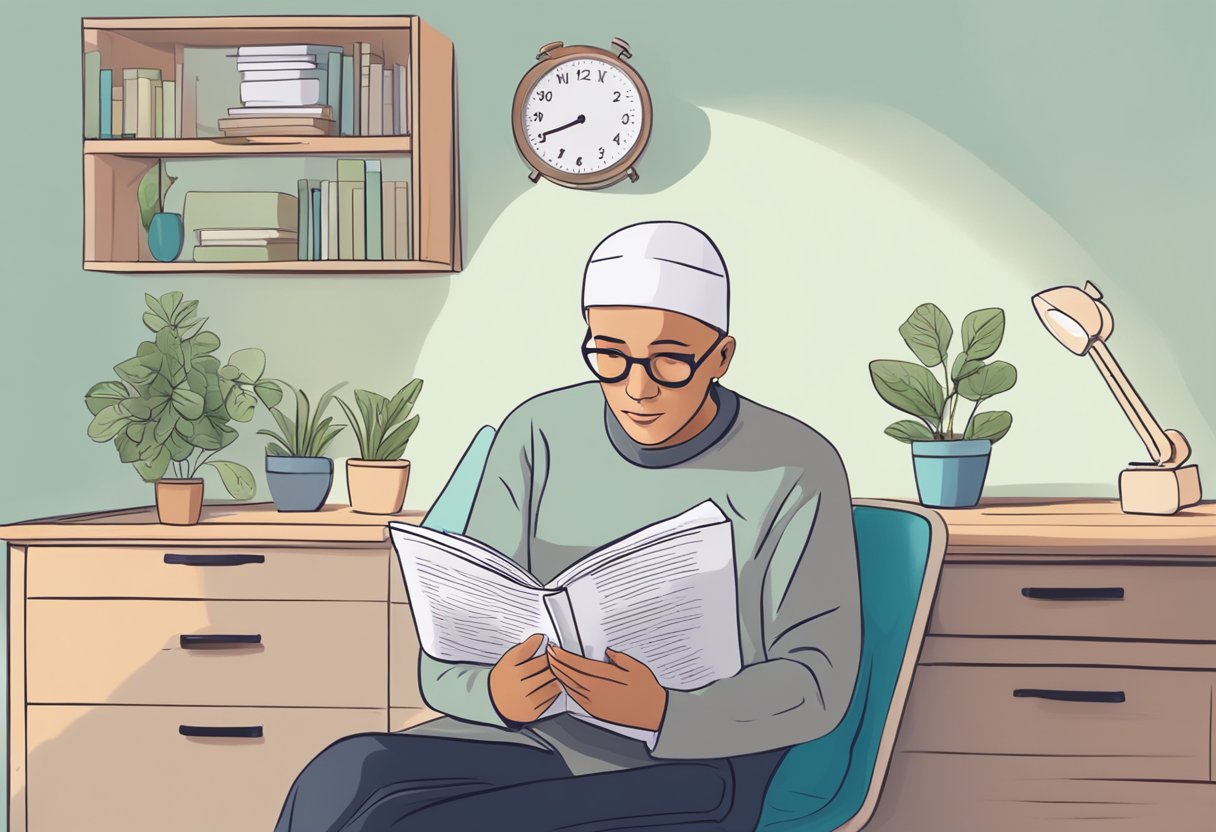 A digital illustration of a cancer patient with skull cap reading.