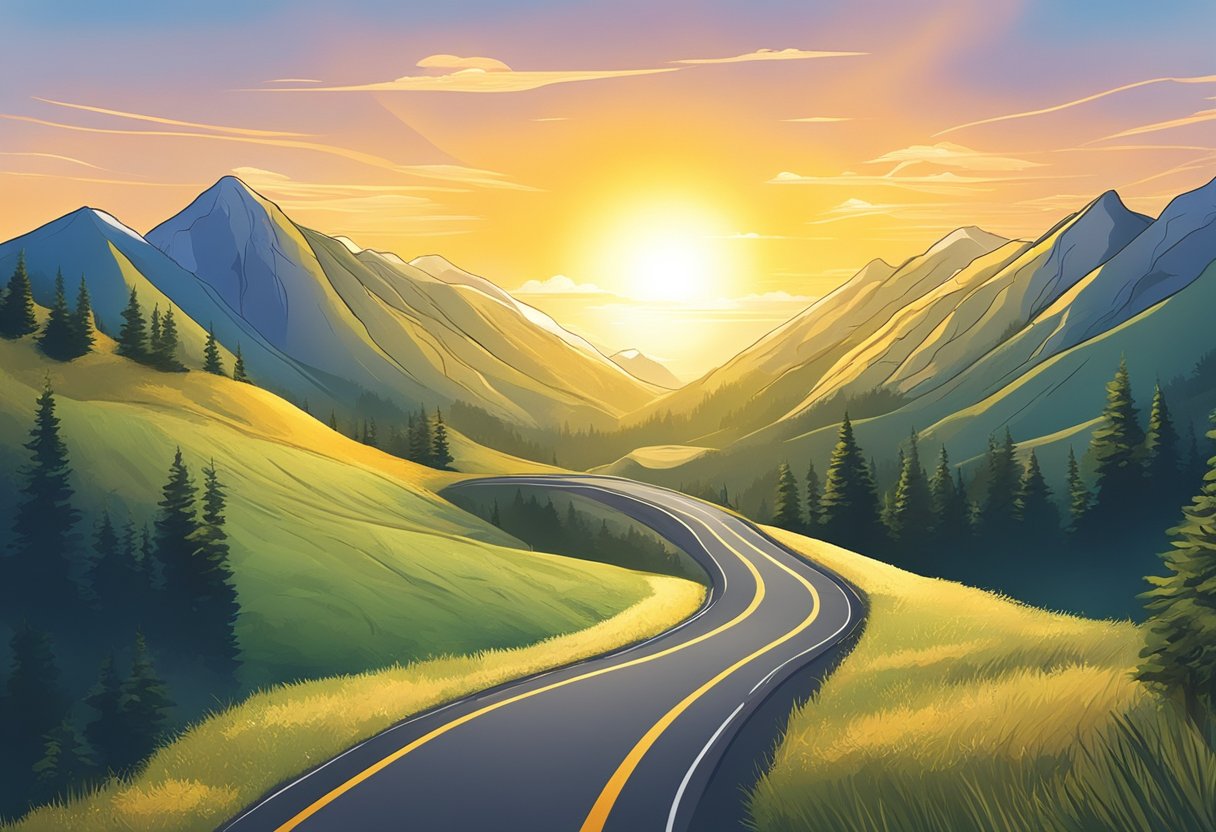 A digital Illustration of a golden sunset in a mountain valley while on the road