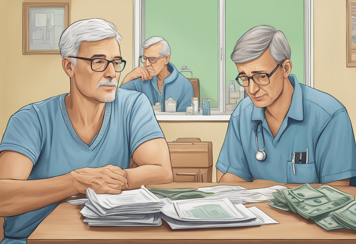 A digital illustration of a doctor feeling guilty for taking what appears to be a bribe.