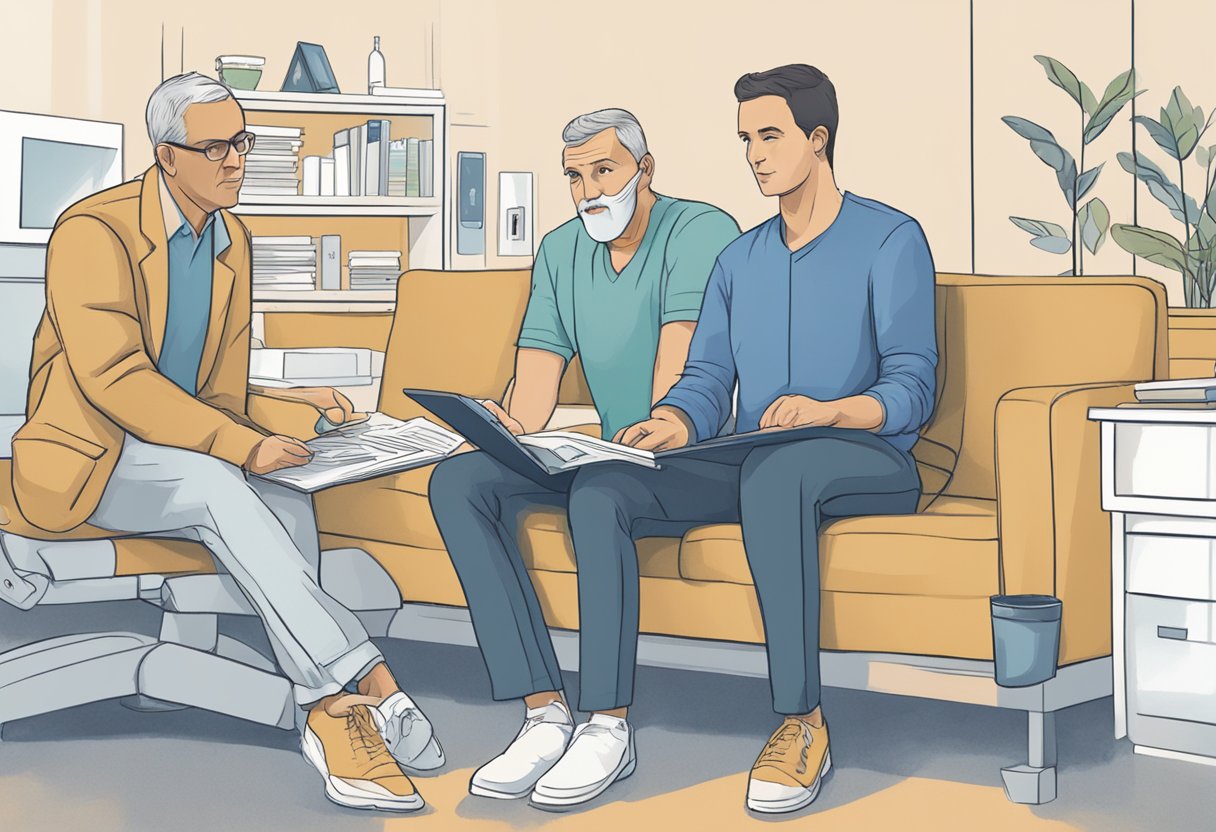 A digital illustration of a son and father talking to an insurance agent in their home.