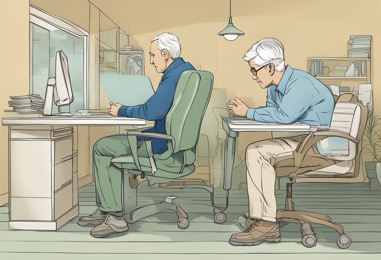 A digital illustration of two professionals sitting at desks.