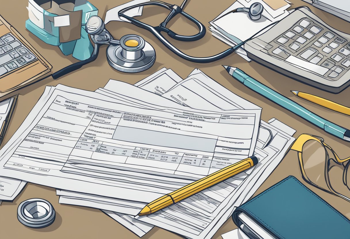 A digital illustration of a doctors desk with paperwork, and other doctor equipment and tools.