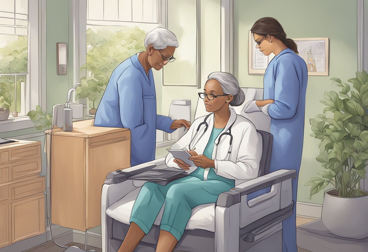 A digital illustration of a doctor sitting in a patient's chair surrounded by nurses