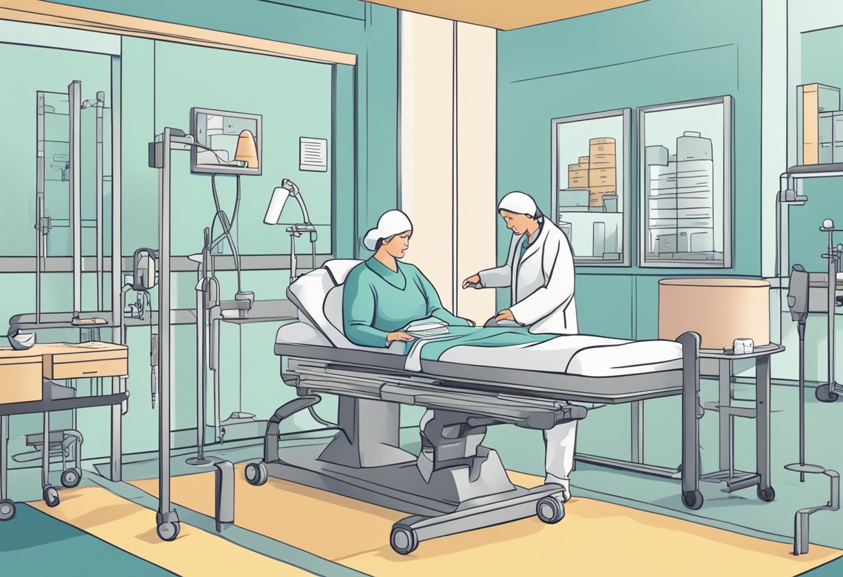 A digital illustration of a doctor, and a patient in a hospital room.