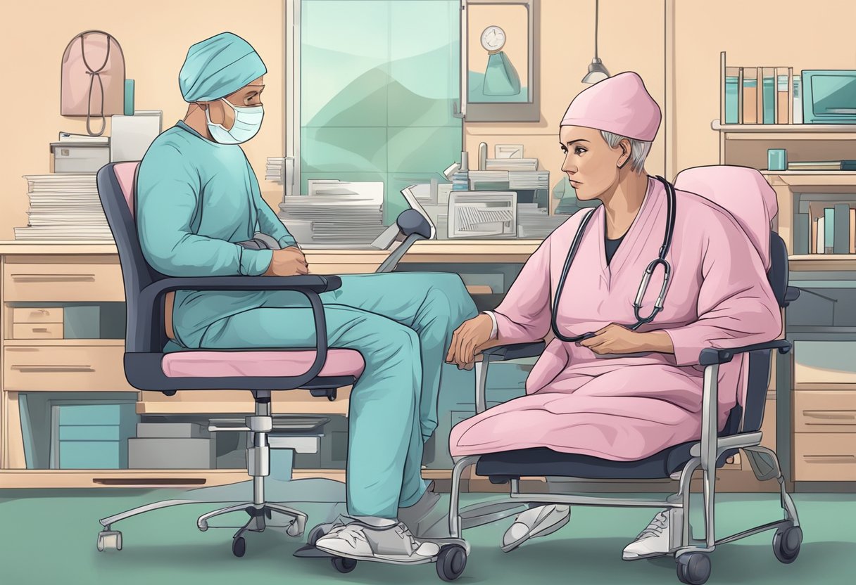 A digital illustration of a doctor and patient sitting in chairs with wheels