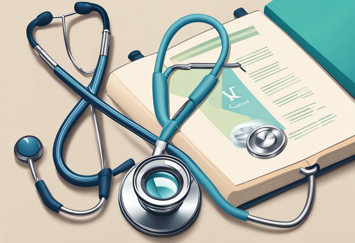 A digital illustration of an open medical book with a stethoscope laying on top.