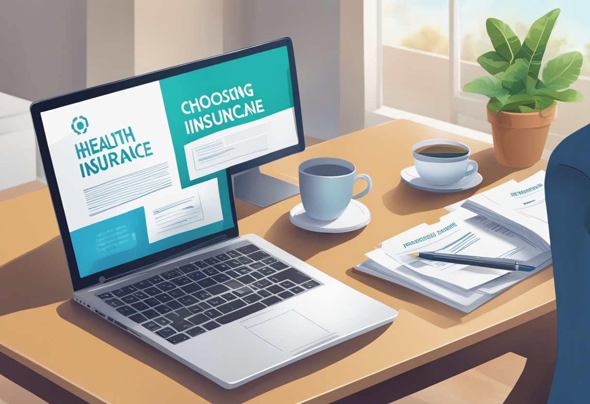 A digital illustration of a laptop computer with health insurance info on the screen.