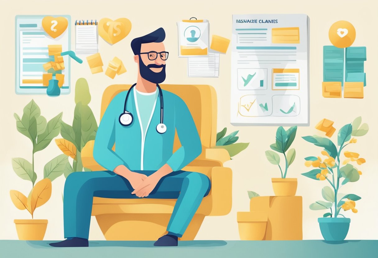 A digital illustration caricature of a doctor sitting in a chair with medical info hanging on the wall behind him.