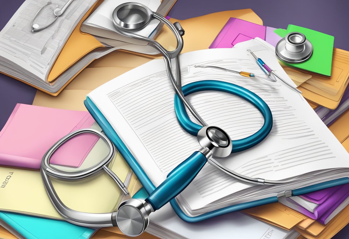A digital illustration of multiple books open and closed with a stethoscope laying on top.