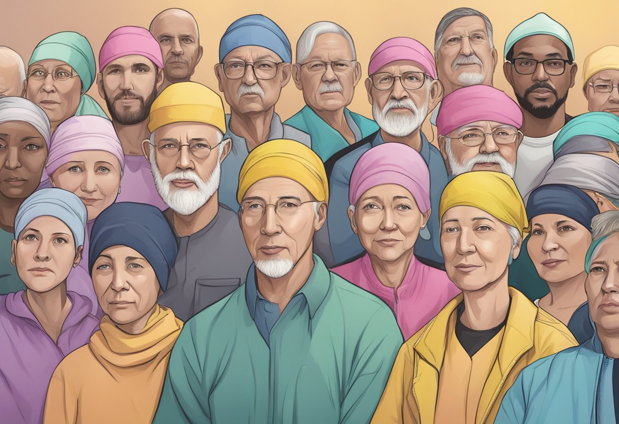 A digital depiction showcasing a resilient community of cancer survivors adorned with head caps worn during chemotherapy treatment.