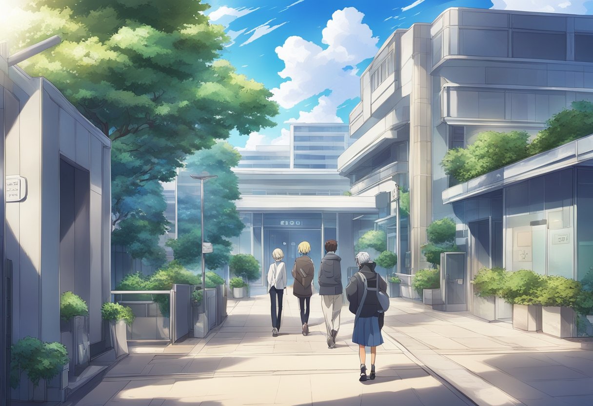 A digital anime illustration of students walking down an outdoor corridor towards a glass door.