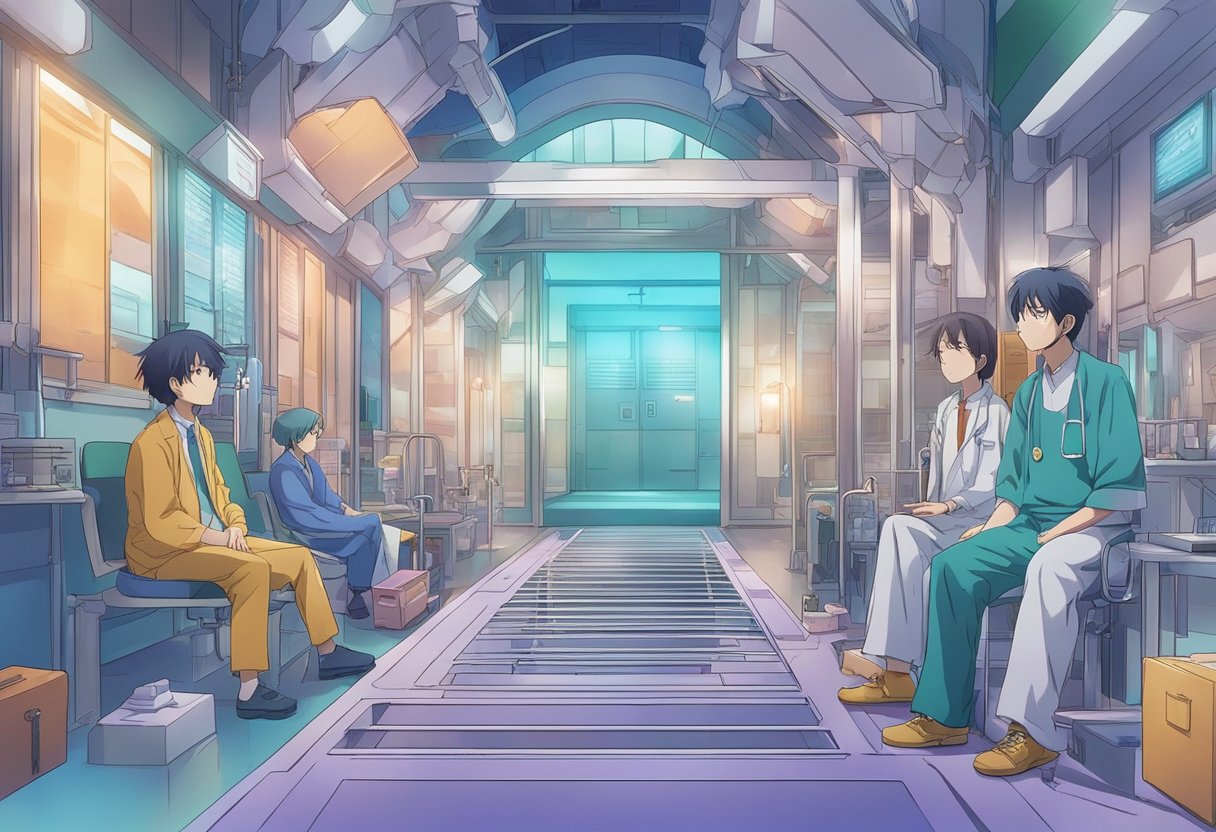 A digital anime illustration of doctors and family in a hallway in a hospital.