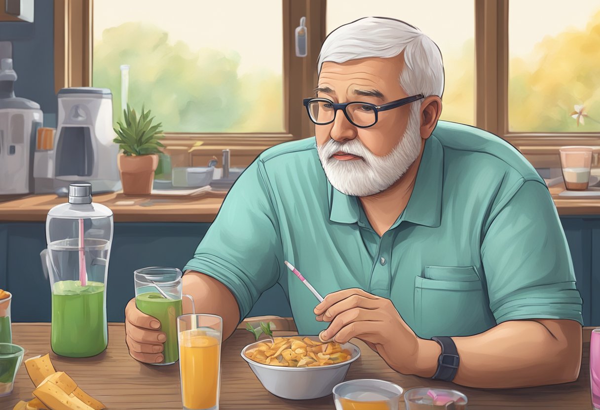 A digital illustration of a gentleman eating breakfast with cereal, green juice, and orange juice